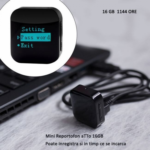 Reportofon pentru Spionaj Audio cu Parola si Activare Vocala Setabila, Model Profesional, Memorie Interna 16Gb - 1144 de ore - 1536 kbps , aTTo 16GB [2]