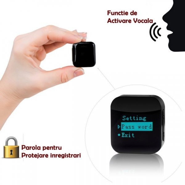 Reportofon pentru Spionaj Audio cu Parola si Activare Vocala Setabila, Model Profesional, Memorie Interna 16Gb - 1144 de ore - 1536 kbps , aTTo 16GB [1]
