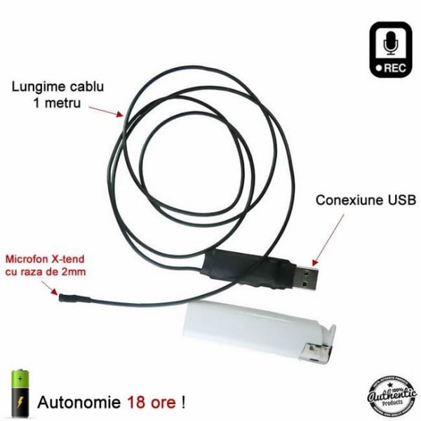 Reportofon Spion cu Activare Vocala + x-tend de 2mm - 144 de Ore Stocare - Memorie 8GB - Model MINAVM144X-TEND [1]