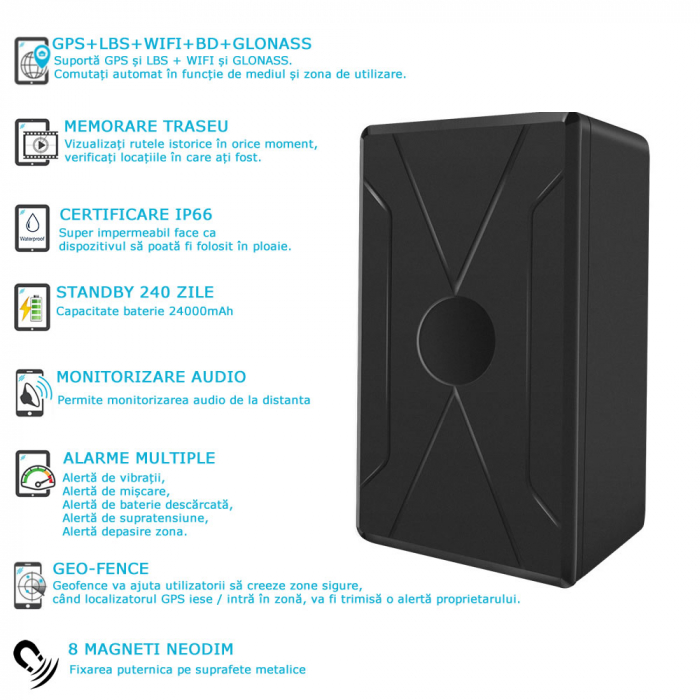 Localizator GPS Auto Smart cu 8 Magneti, Autonomie 240 de Zile, Aplicație iOS + Android, Istoric 3 Luni, Model GPS240SMART [1]