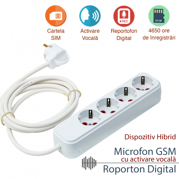 Prelungitor tripla prize cu microfon spion profesional hibrid GSM cu activare vocala + reportofon 4990 de ore PTTRIB008 [1]