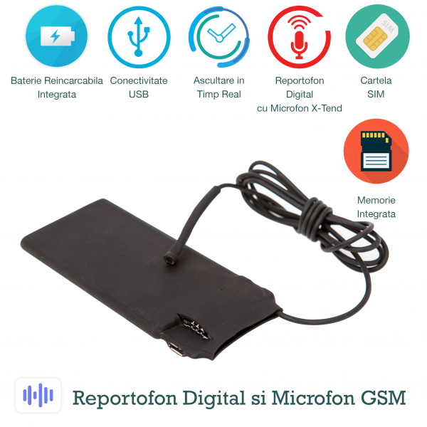 Microfon Spion Hibrid Profesional cu Modul Gsm + Reportofon + Agps RIB0082MMXTD, 5600 Ore Stocare, Microfon de 2 mm [1]