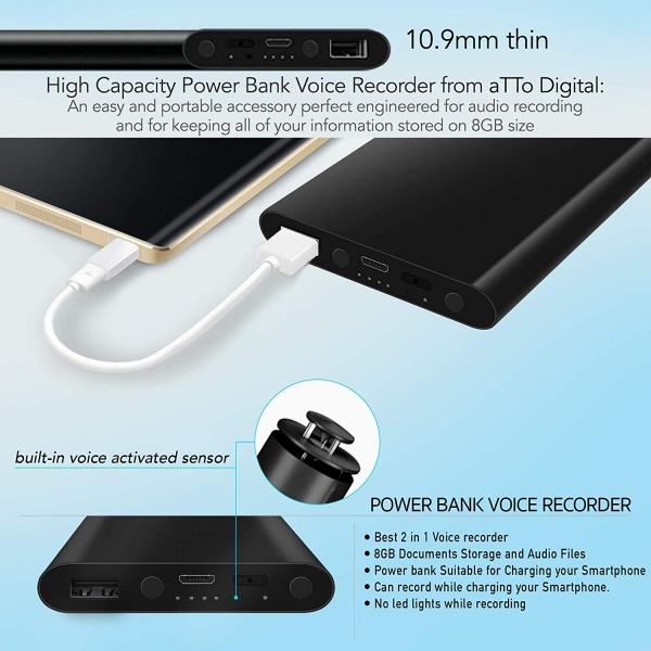 Reportofon Spion Ascuns în PowerBank, Autonomie 380 Ore, Funcție de Activare Vocală, Sunet UltraClear, Memorie 8GB,  Slim PowerREC [3]