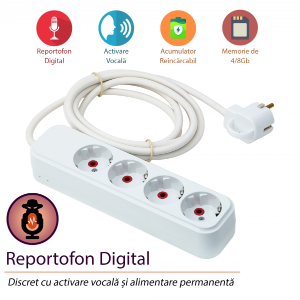 Reportofon Spion Integrat în Prelungitor (Triplă) cu Activare Vocală,  Memorie 8GB - Stocare 140 de Ore [1]