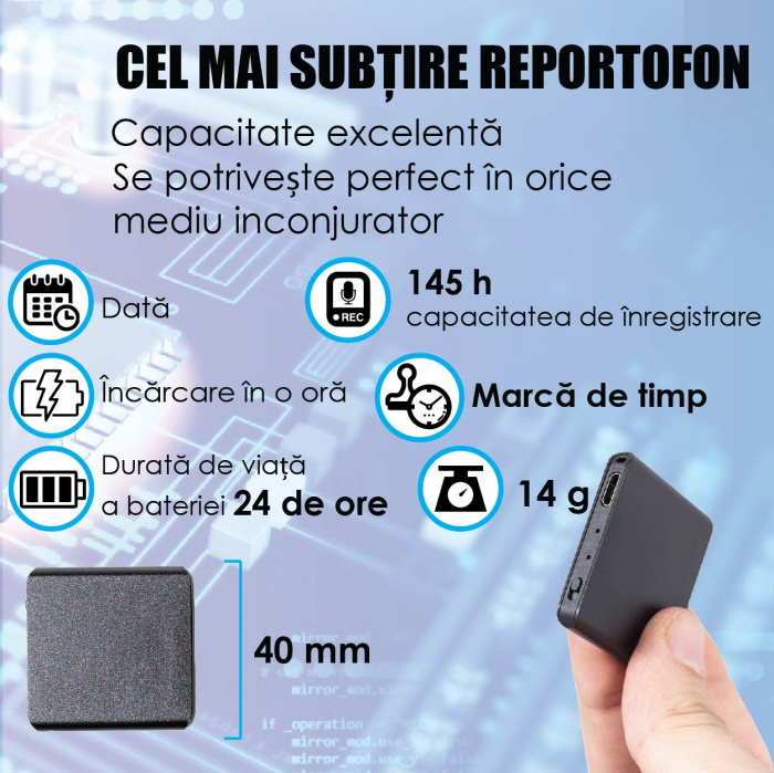 Reportofon Spionaj cu Functie de Detectie Voce, Autonomie 24 de Ore – Memorie Interna 8GB – Stocare 145 Ore [3]