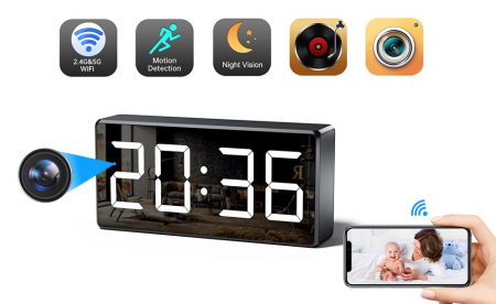 Ceas de Birou cu Camera 1080P WiFi, Detectie Miscare, Night Vision, Monitorizare Audio si Stocare pana la 256GB [0]
