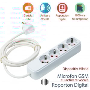 Prelungitor tripla prize cu microfon spion profesional hibrid GSM cu activare vocala + reportofon 4990 de ore PTTRIB008