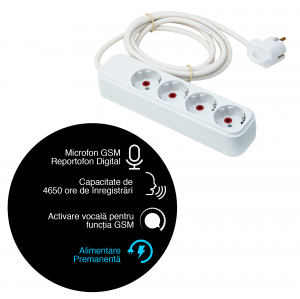 Prelungitor tripla prize cu microfon spion profesional hibrid GSM cu activare vocala + reportofon 4990 de ore PTTRIB008 [1]