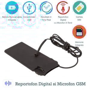 Cele mai performante Microfoane GSM - Microfon Spion Hibrid Profesional cu Modul Gsm + Reportofon + Agps RIB0082MMXTD, 5600 Ore Stocare, Microfon de 2 mm