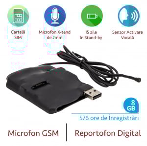 Microfon spion hibrid – reportofon 576 de ore  + microfon GSM cu activare vocala