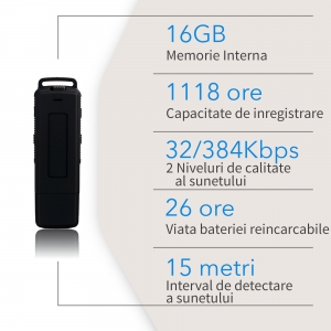 Reportofon Spion cu Activare Vocala in Stick USB, 16Gb-1128 de ore, 26 de ore autonomie, Ultra-Profesional [7]