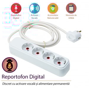 Reportofon Spion Integrat în Prelungitor (Triplă) cu Activare Vocală,  Memorie 8GB - Stocare 140 de Ore