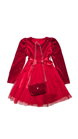 Fete - Rochie fete rosie din catifea cu tulle si gentuță eleganta pentru petrecerii. si sarbatorii