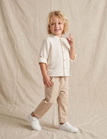 Costum - Compleu 2 piese baieti camasa crem in si pantalon din bumbac