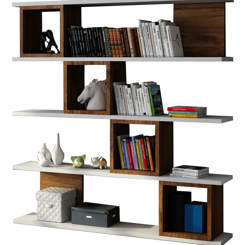 Biblioteca Wind alb, nuc, rafturi multiple, fixare pe perete [3]