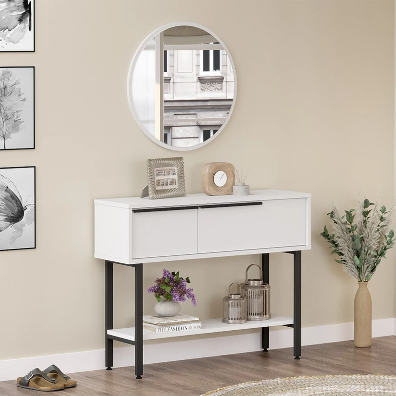 Comoda alba cu picioare metalice si cu oglinda, 100x76 cm [4]