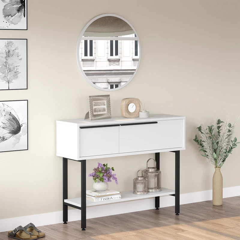 Comoda alba cu picioare metalice si cu oglinda, 100x76 cm [5]