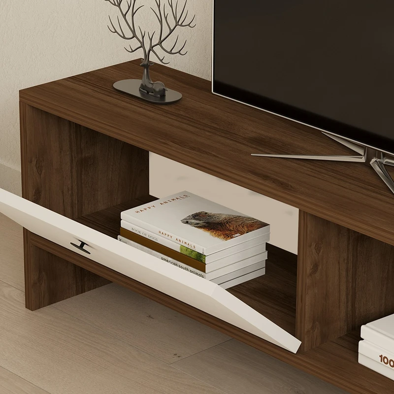 Comoda TV Gaye, nuc si alb, spatii depozitare, design modern, 120 cm [3]