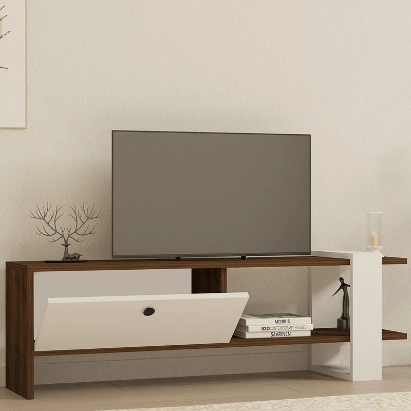 Comoda TV Gaye, nuc si alb, spatii depozitare, design modern, 120 cm [2]