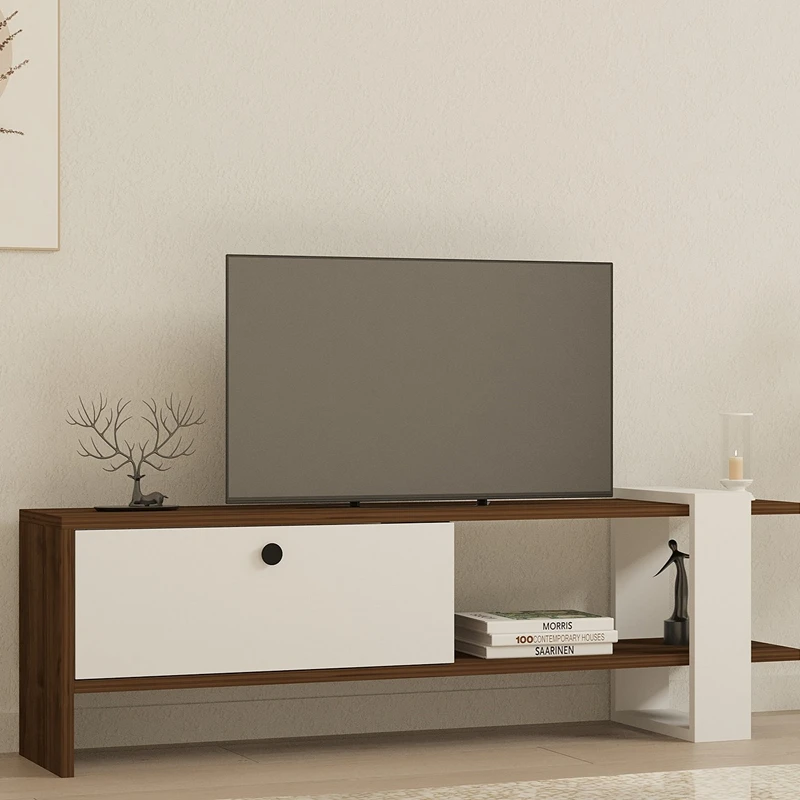 Comoda TV Gaye, nuc si alb, spatii depozitare, design modern, 120 cm [4]