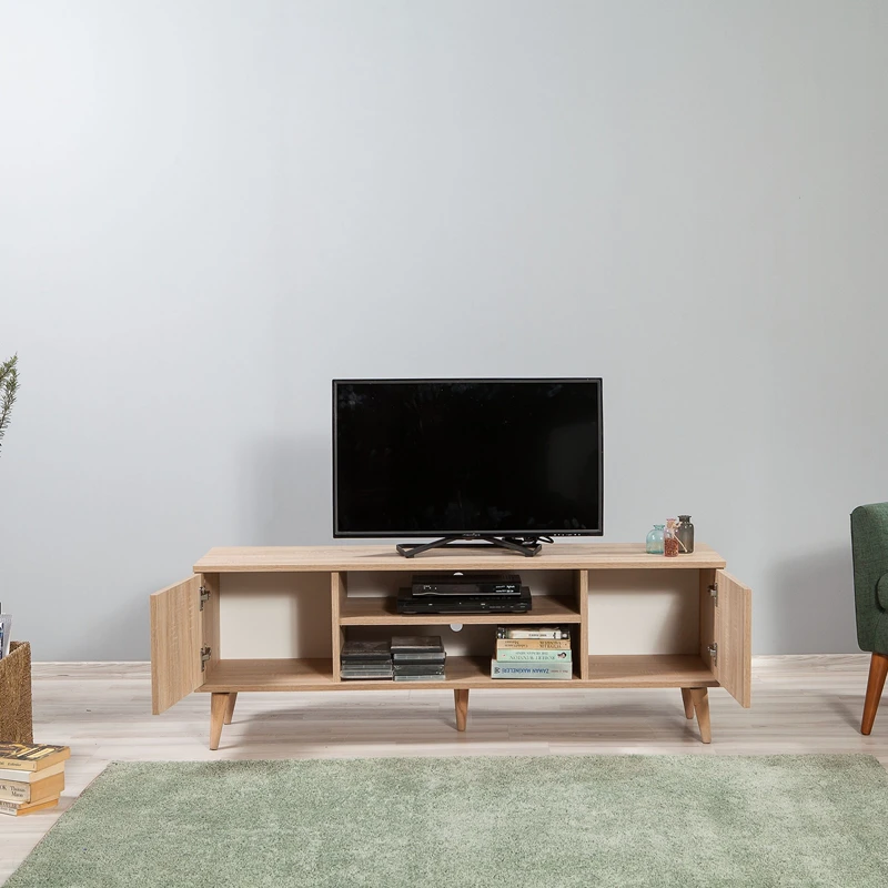 Comoda TV Truva , stejar Sonoma, cu rafturi si picioare inalte, 140 cm [5]