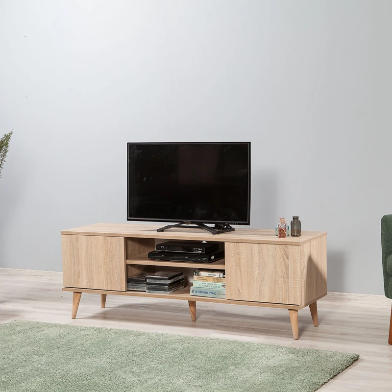 Comoda TV Truva, stejar Sonoma, moderna, cu rafturi si picioare din lemn, 140 cm [4]