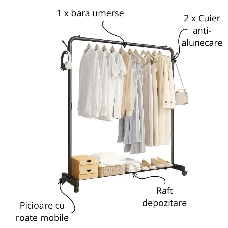 Cuier metalic cu roti si raft [4]