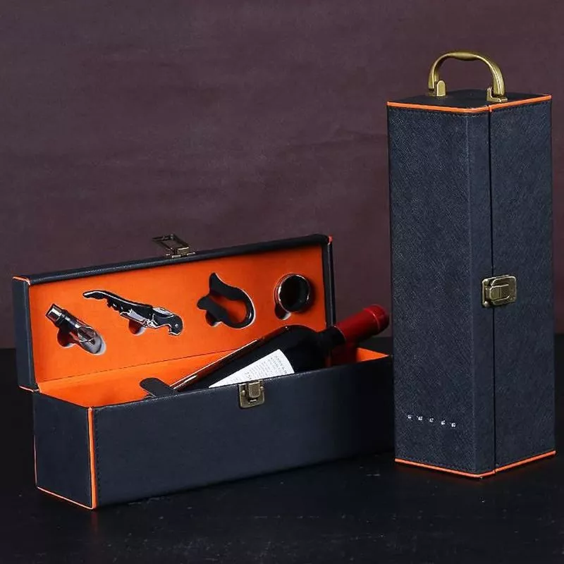 Cutie de vin Deluxe pentru 1 sticla cu accesorii de vin incluse interior oranj [5]