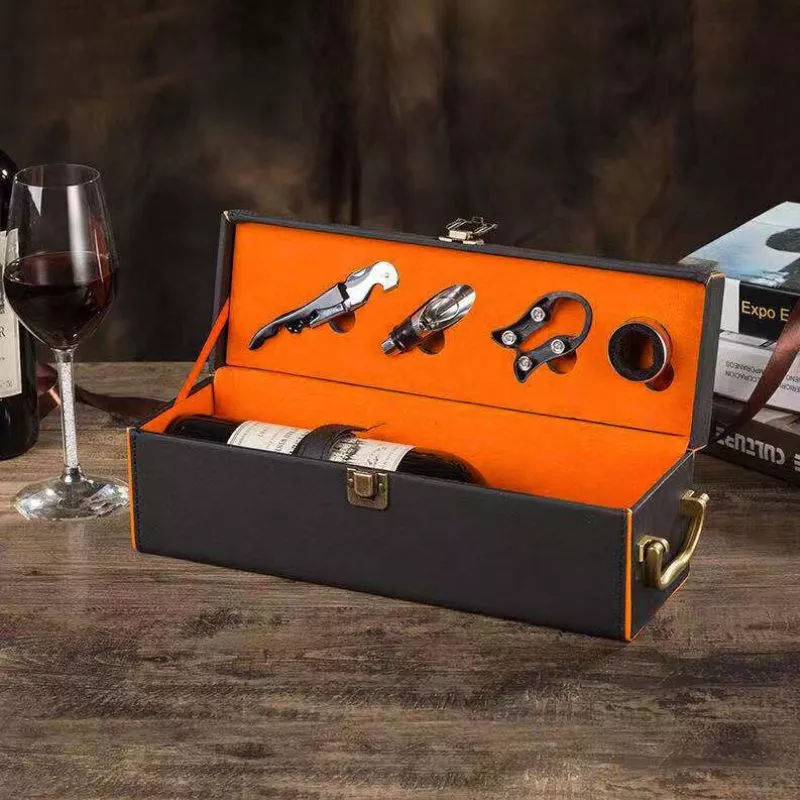 Cutie de vin Deluxe pentru 1 sticla cu accesorii de vin incluse interior oranj [2]