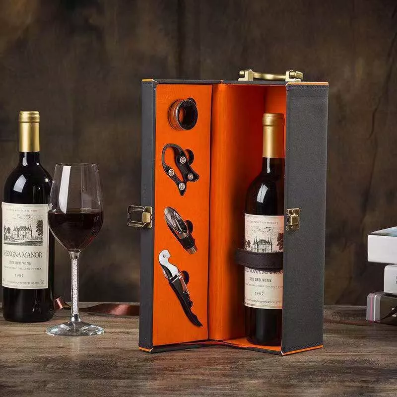 Cutie de vin Deluxe, pentru 1 sticla, cu accesorii de vin incluse, interior oranj