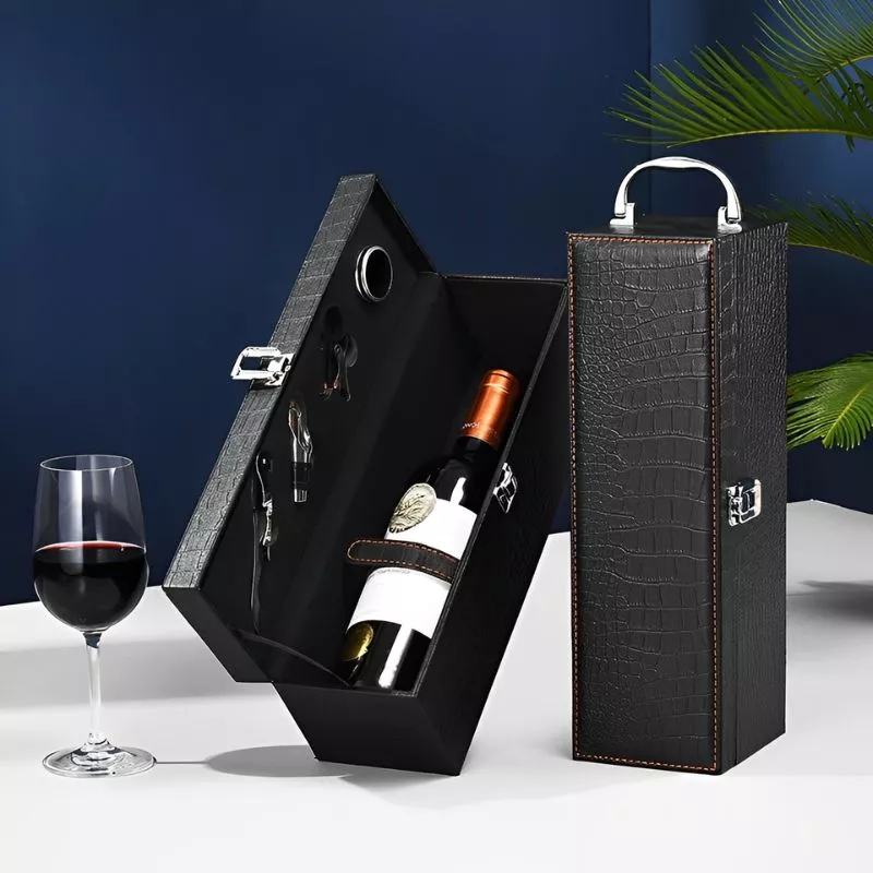 Cutie de vin Deluxe pentru 1 sticla cu accesorii de vin incluse piele ecologica de crocodil [3]