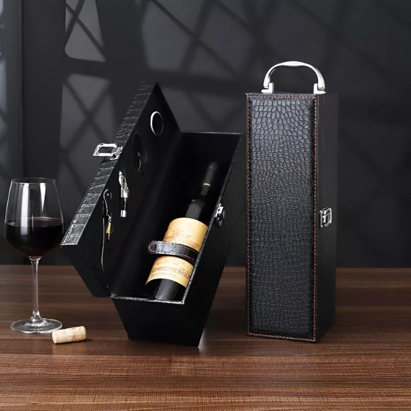 Cutie de vin Deluxe, pentru 1 sticla, cu accesorii de vin incluse, piele ecologica de crocodil