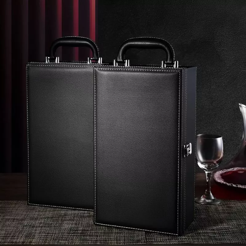 Cutie de vin Deluxe pentru 2 sticle cu accesorii de vin incluse din piele ecologica neagra fina [8]