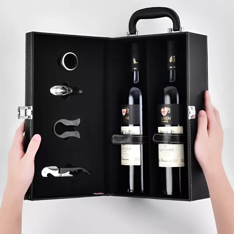 Cutie de vin Deluxe pentru 2 sticle cu accesorii de vin incluse din piele ecologica neagra fina [10]
