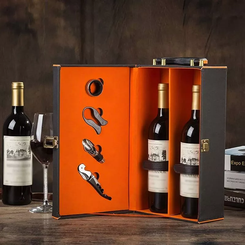 Cutie de vin Deluxe, pentru 2 sticle, cu accesorii de vin incluse, interior oranj