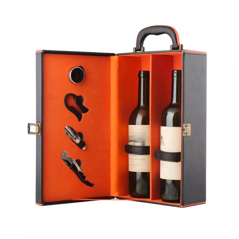Cutie de vin Deluxe pentru 2 sticle cu accesorii de vin incluse interior oranj [12]