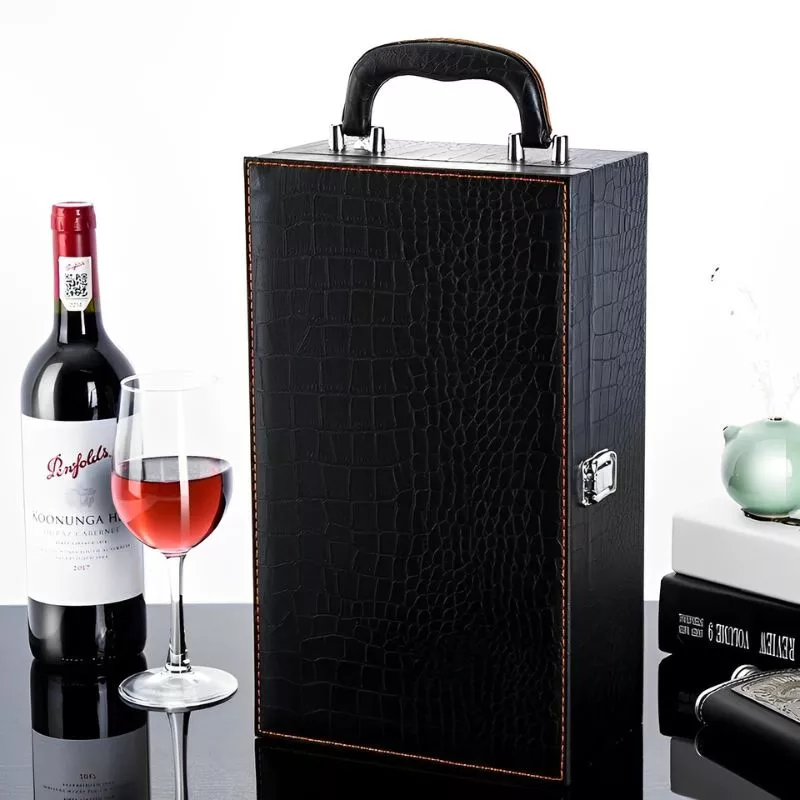 Cutie de vin Deluxe pentru 2 sticle cu accesorii de vin incluse piele ecologica de sarpe [7]