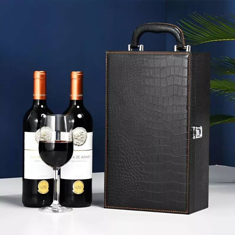Cutie de vin Deluxe pentru 2 sticle cu accesorii de vin incluse piele ecologica de sarpe [2]