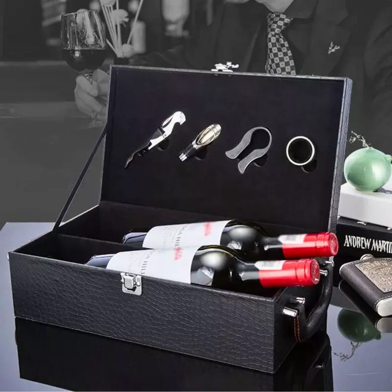 Cutie de vin Deluxe pentru 2 sticle cu accesorii de vin incluse piele ecologica de sarpe [5]