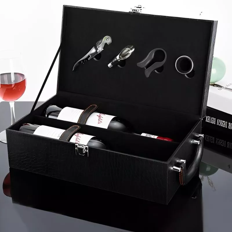 Cutie de vin Deluxe pentru 2 sticle cu accesorii de vin incluse piele ecologica de sarpe [6]