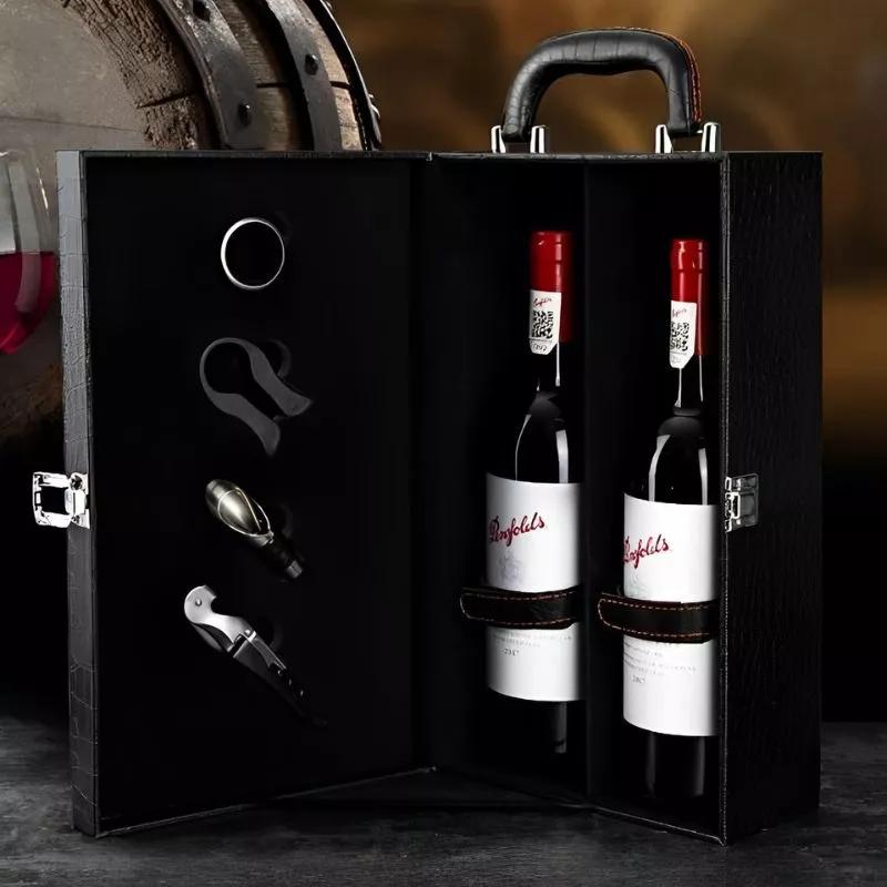 Cutie de vin Deluxe pentru 2 sticle cu accesorii de vin incluse piele ecologica de sarpe [9]