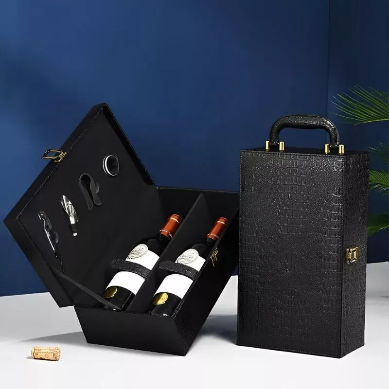 Cutie de vin Deluxe, pentru 2 sticle, cu accesorii de vin incluse, piele ecologica de sarpe