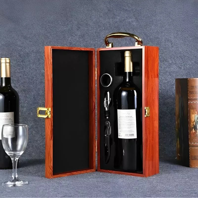 Cutie de vin Wood Deluxe, pentru 1 sticla, cu accesorii de vin incluse, Vinception