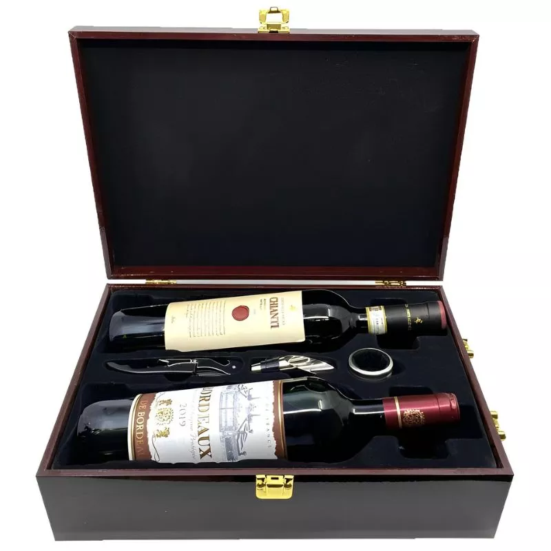Cutie de vin Wood Deluxe pentru 2 sticle cu accesorii de vin incluse Prestige [15]