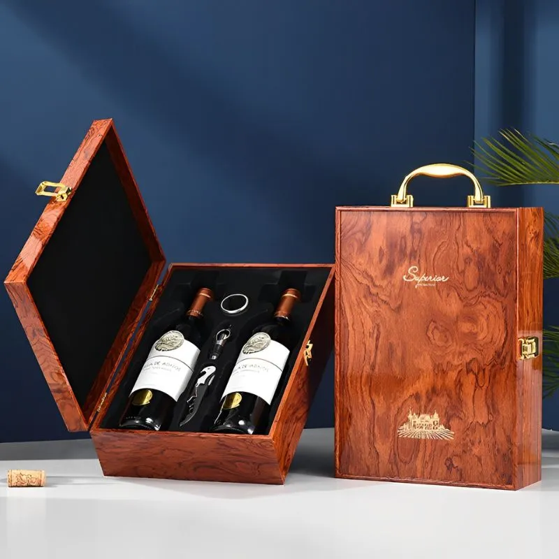 Cutie de vin Wood Deluxe, pentru 2 sticle, cu accesorii de vin incluse, Vinluxe Elite