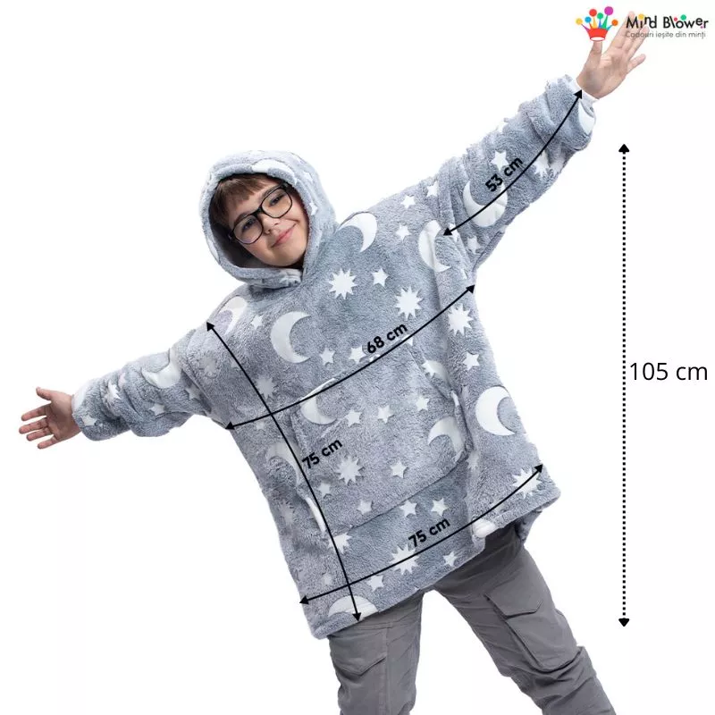 Hanorac patura cu maneci baieti Grey Luna Fosforescenta cu buzunar cangur Flanel & Polar 440g/mp 105 cm [4]