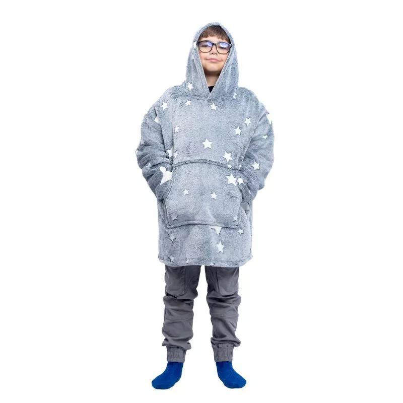 Hanorac patura cu maneci baieti Grey Stelute Fosforescente cu buzunar cangur 440g/mp 105 cm [22]