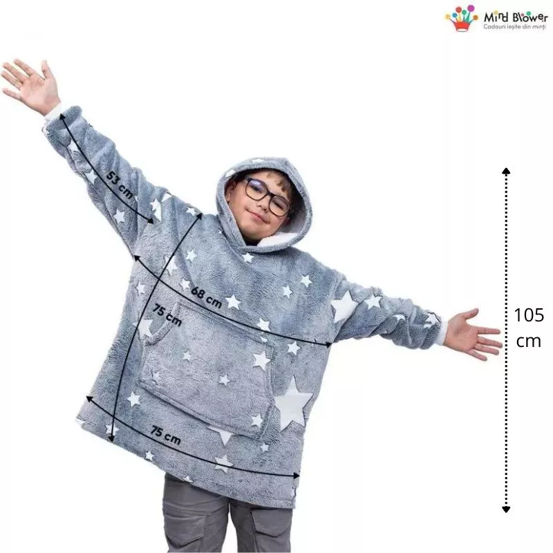 Hanorac patura cu maneci baieti Grey Stelute Fosforescente cu buzunar cangur 440g/mp 105 cm [4]
