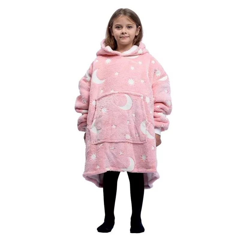 Hanorac patura cu maneci fete Luna Fosforescenta Roz cu buzunar cangur Flanel & Polar 440g/mp 105 cm [16]