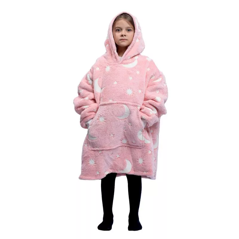 Hanorac patura cu maneci fete Luna Fosforescenta Roz cu buzunar cangur Flanel & Polar 440g/mp 105 cm [17]